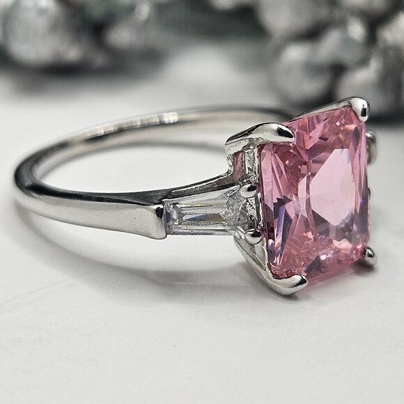Pink Princess Cut Sapphire Ring on 925 Sterling Silver - Women's Jewelry - Picture 7 of 11